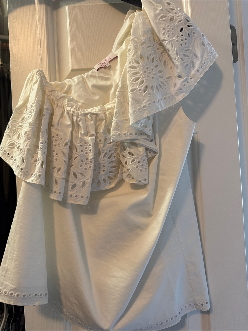 Parker White Eyelet Ruffle One-Shoulder Blouse